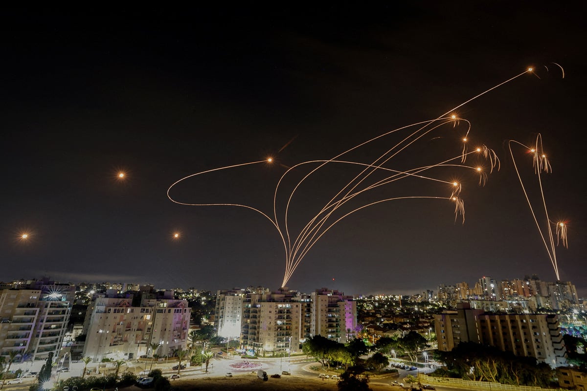 Israel's Iron Dome anti-missile system intercepts rockets launched from the Gaza Strip, as seen from the city of Ashkelon, Israel, October 9, 2023. REUTERS/Amir Cohen
