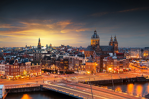 Amsterdam skyline at dusk