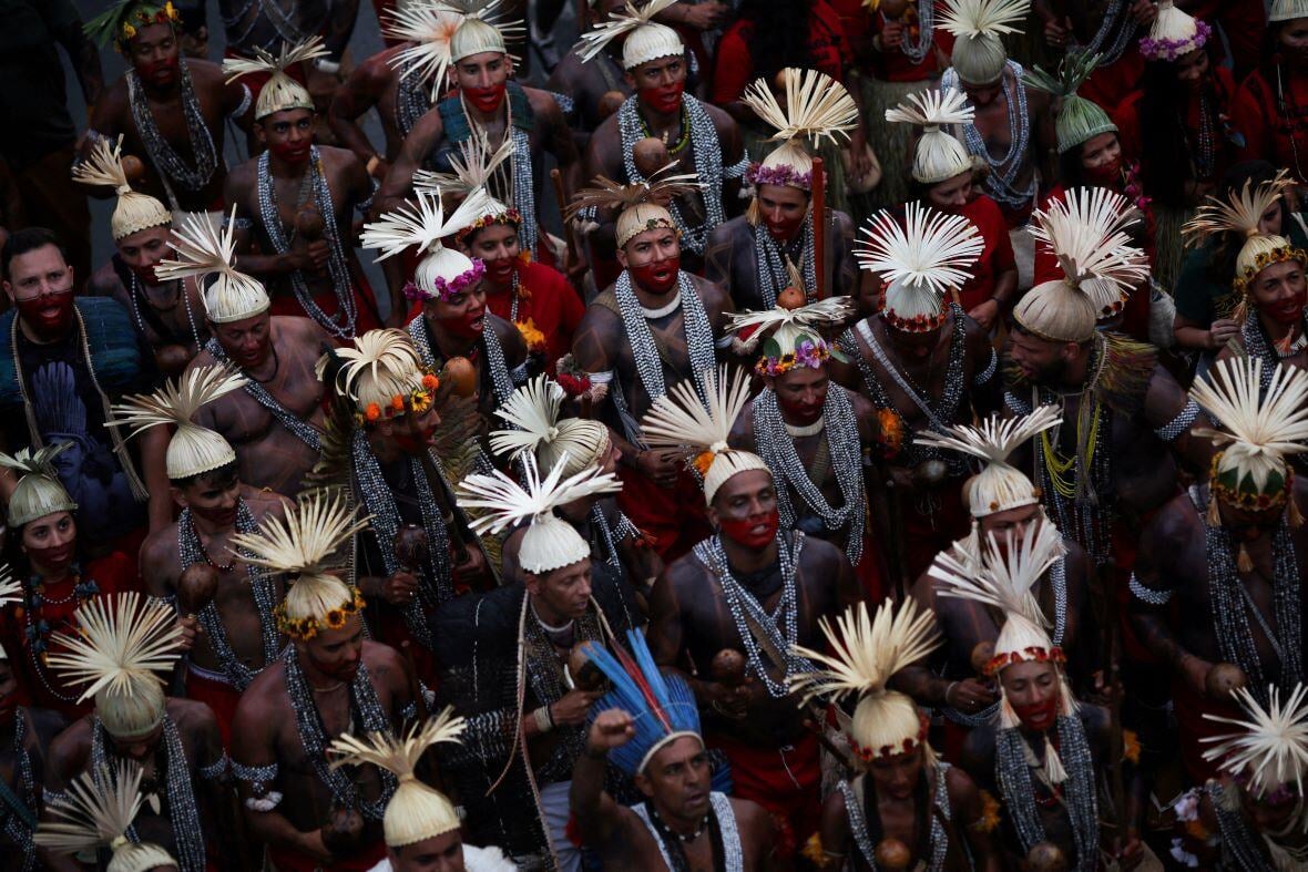 Indigenous people take part in the Terra Livre (Free Land) protest camp to demand the demarcation of land and to defend cultural rights, in Brasilia, Brazil April 10, 2025. REUTERS/Adriano Machado