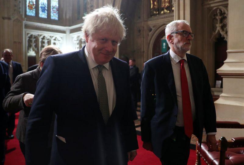 Britain's Prime Minister Boris Johnson and Labour Party leader Jeremy Corbyn arrive for the State Opening of Parliament at the Houses of Parliament in London, Britain December 19, 2019. REUTERS/Hannah McKay/Pool - RC2BYD9AF9ET
