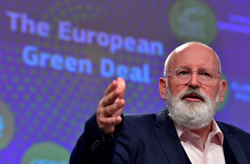 European Commission Vice President Frans Timmermans talks during a joint press conference with EU Commissioner for Energy Kadri Simson (unseen) on the EU's climate ambition for 2030 at the EU headquarters in Brussels, Belgium September 17, 2020. John Thys/Pool