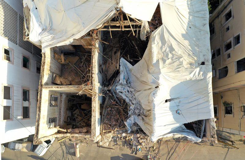 A view shows a damaged building in the aftermath of a massive explosion in Beirut's port area, Lebanon August 13, 2020. Picture taken with a drone August 13, 2020. REUTERS/Bader Helal