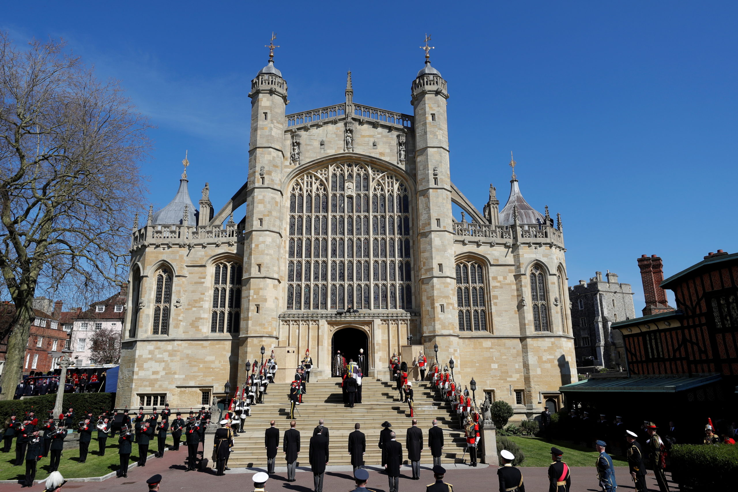 The coffin of Britain's Prince Philip, husband of Queen Elizabeth, who died at the age of 99, is taken into St. George's Chapel for a funeral service, in Windsor, Britain, April 17, 2021. Kirsty Wigglesworth/Pool via REUTERS 