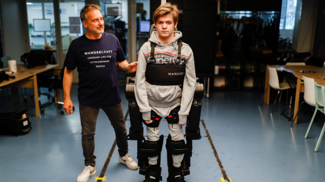 Father builds exoskeleton to help wheelchair-bound son walk