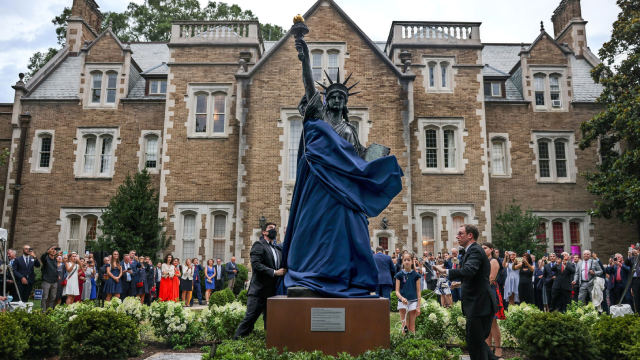 A model of the Statue of Liberty is unveiled at the French Ambassador’s residence in U.S.