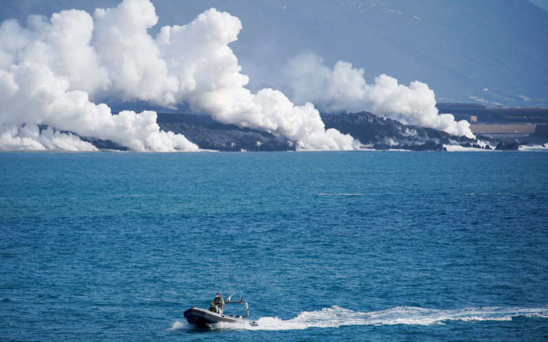 Lava flows into the sea following the eruption of a volcano on Spain’s island of La Palma