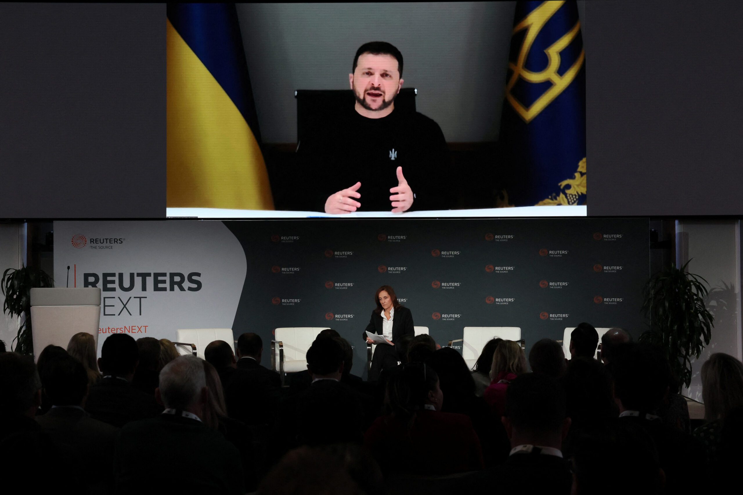 Reuters Editor-in-Chief Alessandra Galloni speaks with Ukraine's President Zelenskiy via video link at the ReutersNEXT Newsmaker event in New York City, New York, U.S., November 8, 2023. REUTERS/Brendan McDermid