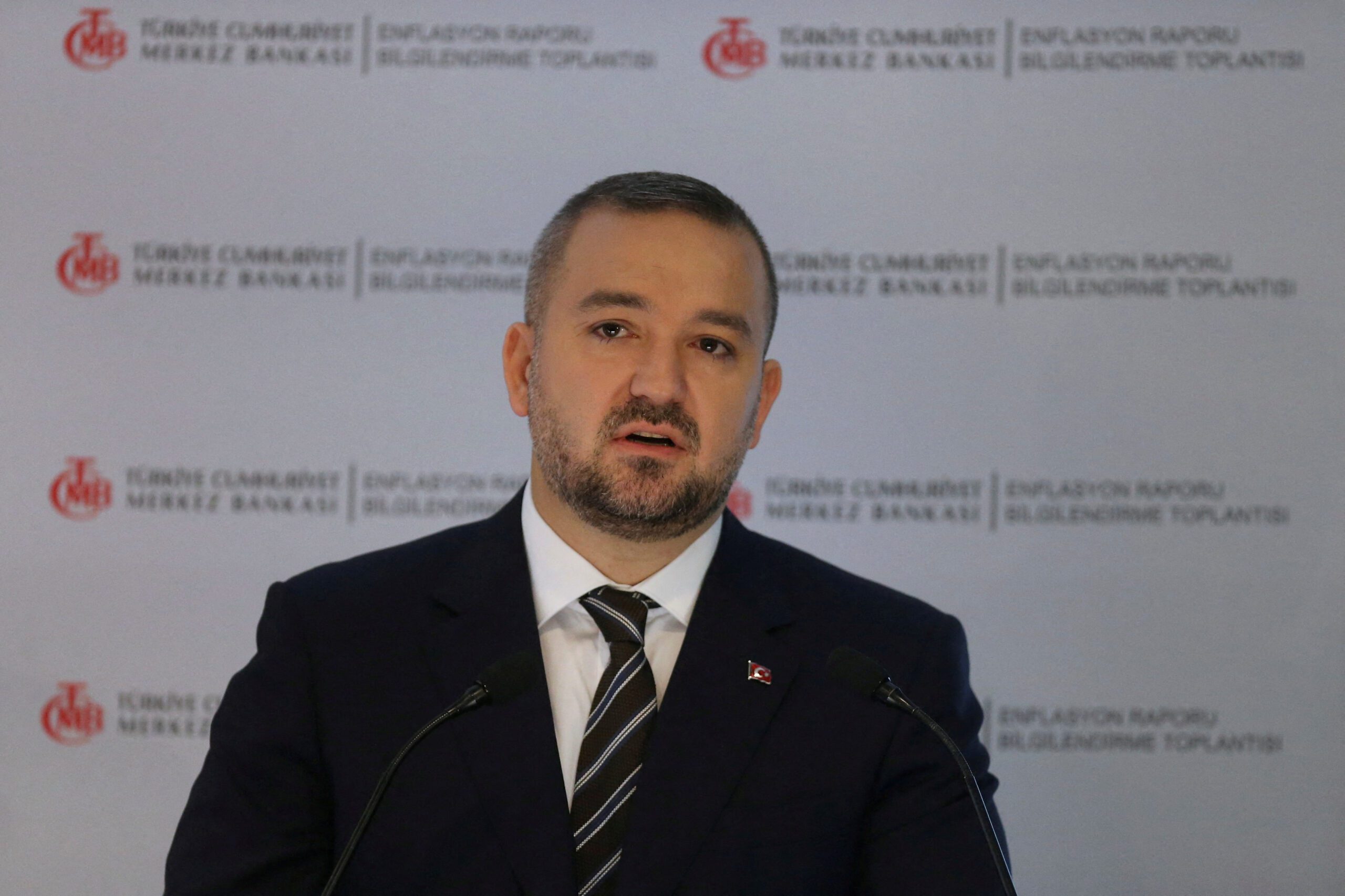 FILE PHOTO: Turkish Central Bank Governor Fatih Karahan speaks during a press conference in Ankara, Turkey February 8, 2024. REUTERS/Cagla Gurdogan/File Photo