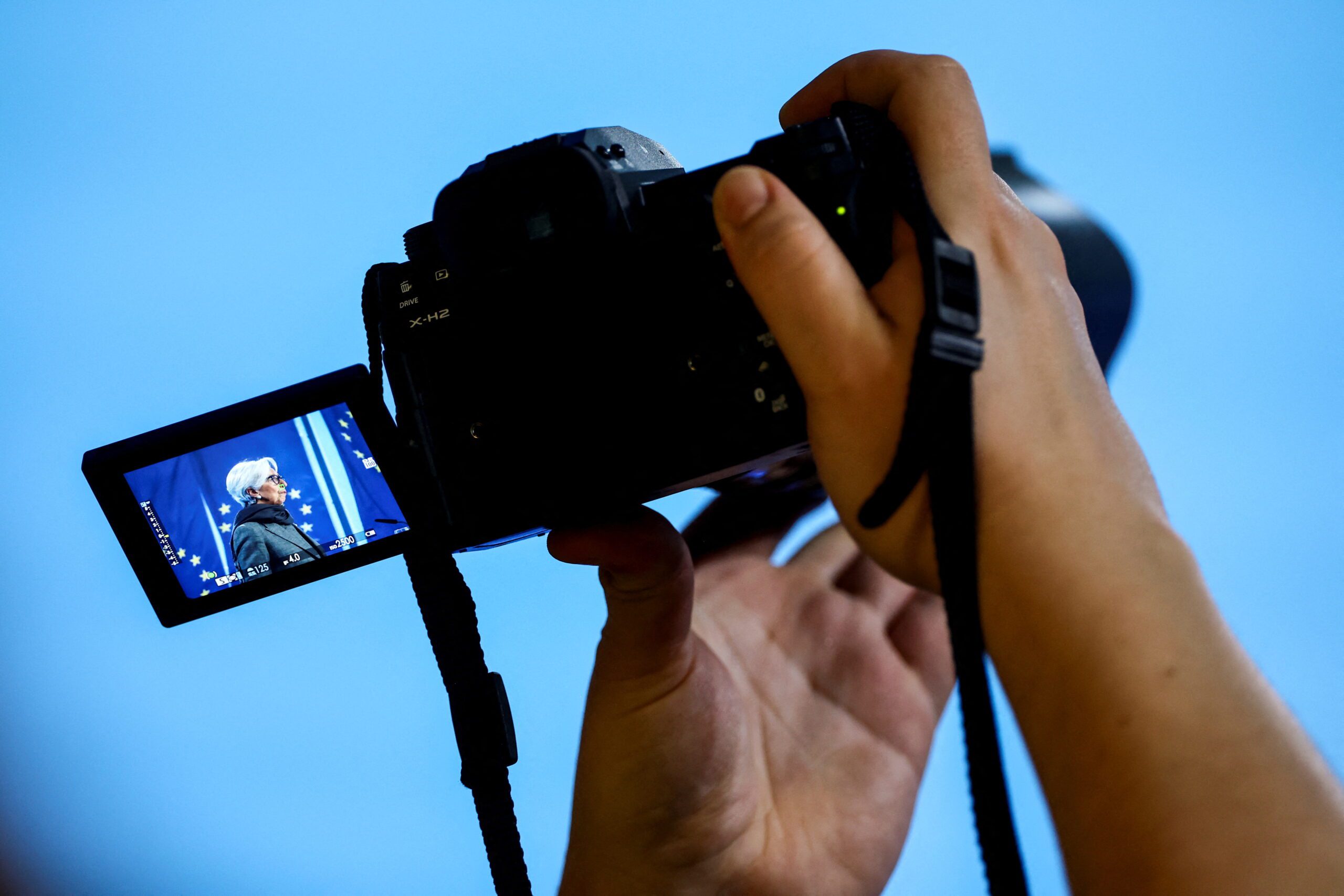 European Central Bank (ECB) President Christine Lagarde is pictured in the viewfinder of a camera as she attends a press conference following the Governing Council's monetary policy meeting at the ECB headquarters in Frankfurt, Germany, December 14, 2023. REUTERS/Kai Pfaffenbach