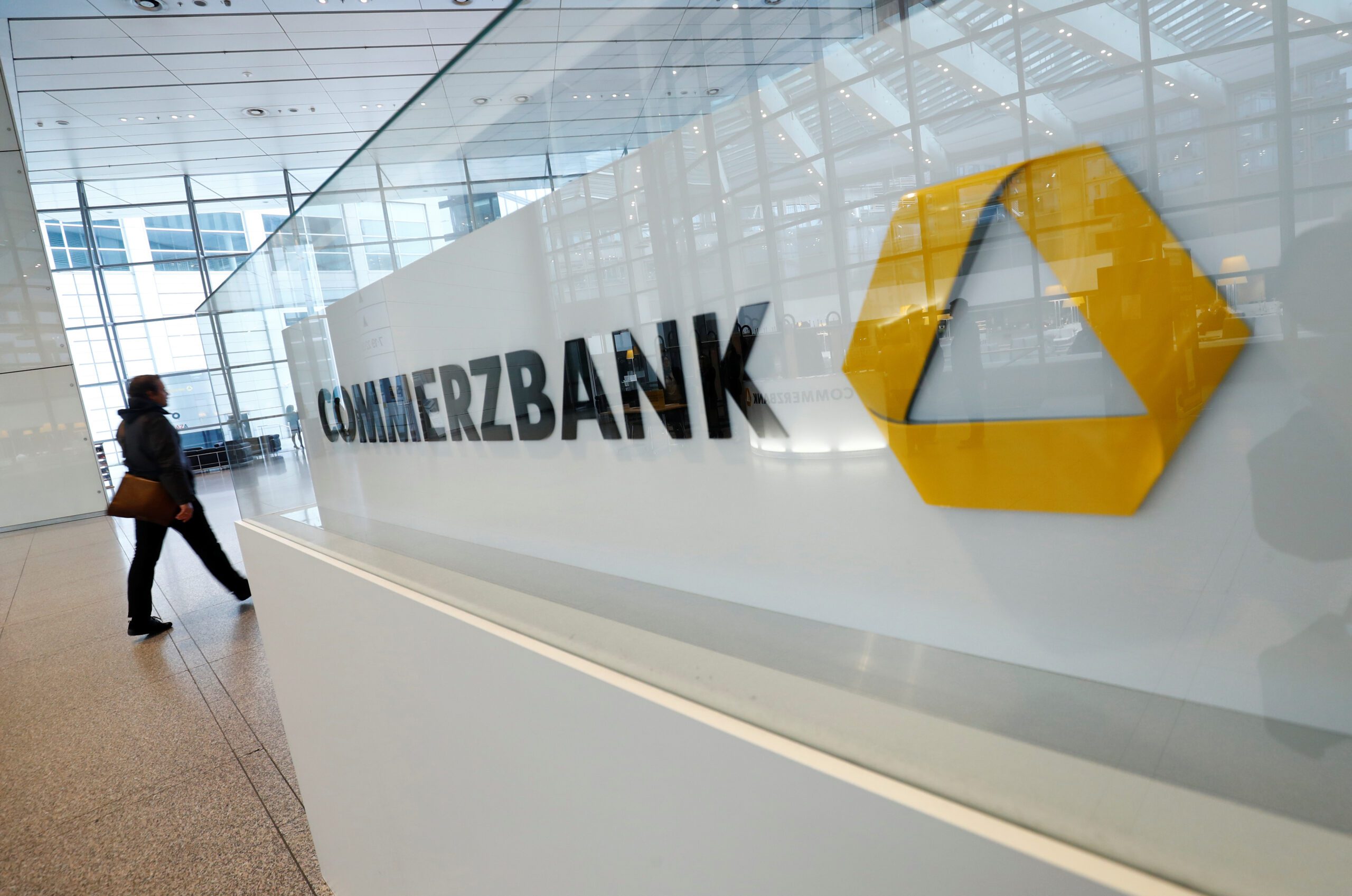 FILE PHOTO: A company logo is pictured at the headquarters of Germany's Commerzbank AG during the annual results news conference in Frankfurt, Germany, February 13, 2020.  REUTERS/Ralph Orlowski/File Photo