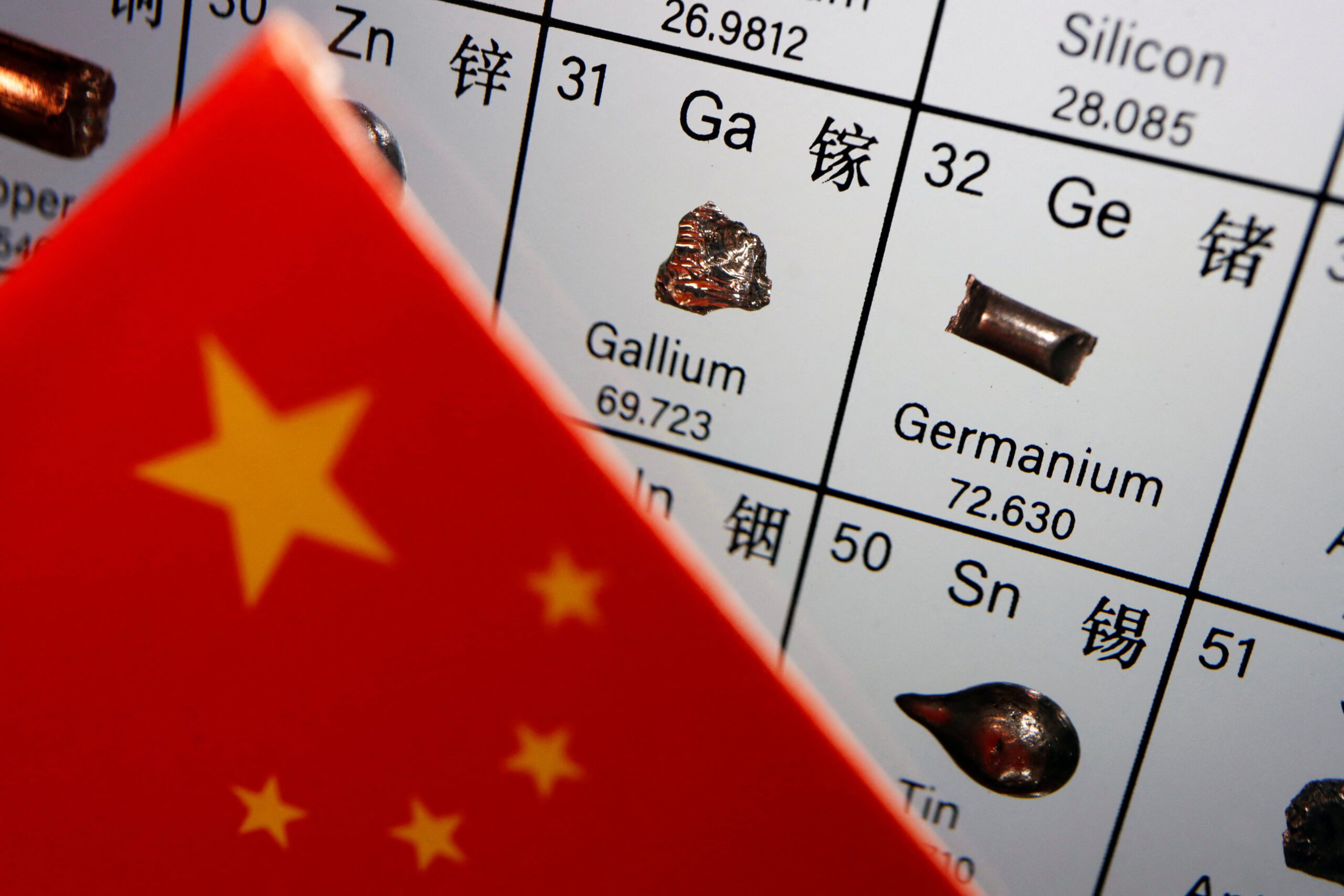 The flag of China is placed next to the elements of Gallium and Germanium on a periodic table, in this illustration picture taken on July 6, 2023. REUTERS/Florence Lo/Illustration