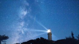 A meteor streaks in the night sky during the annual Perseid meteor shower on the island of Lastovo